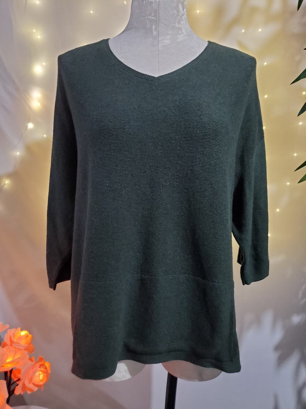 J. Jill S Pure Jill V-Neck Kangaroo Pocket Silk Wool Blend Green Knit Sweater
